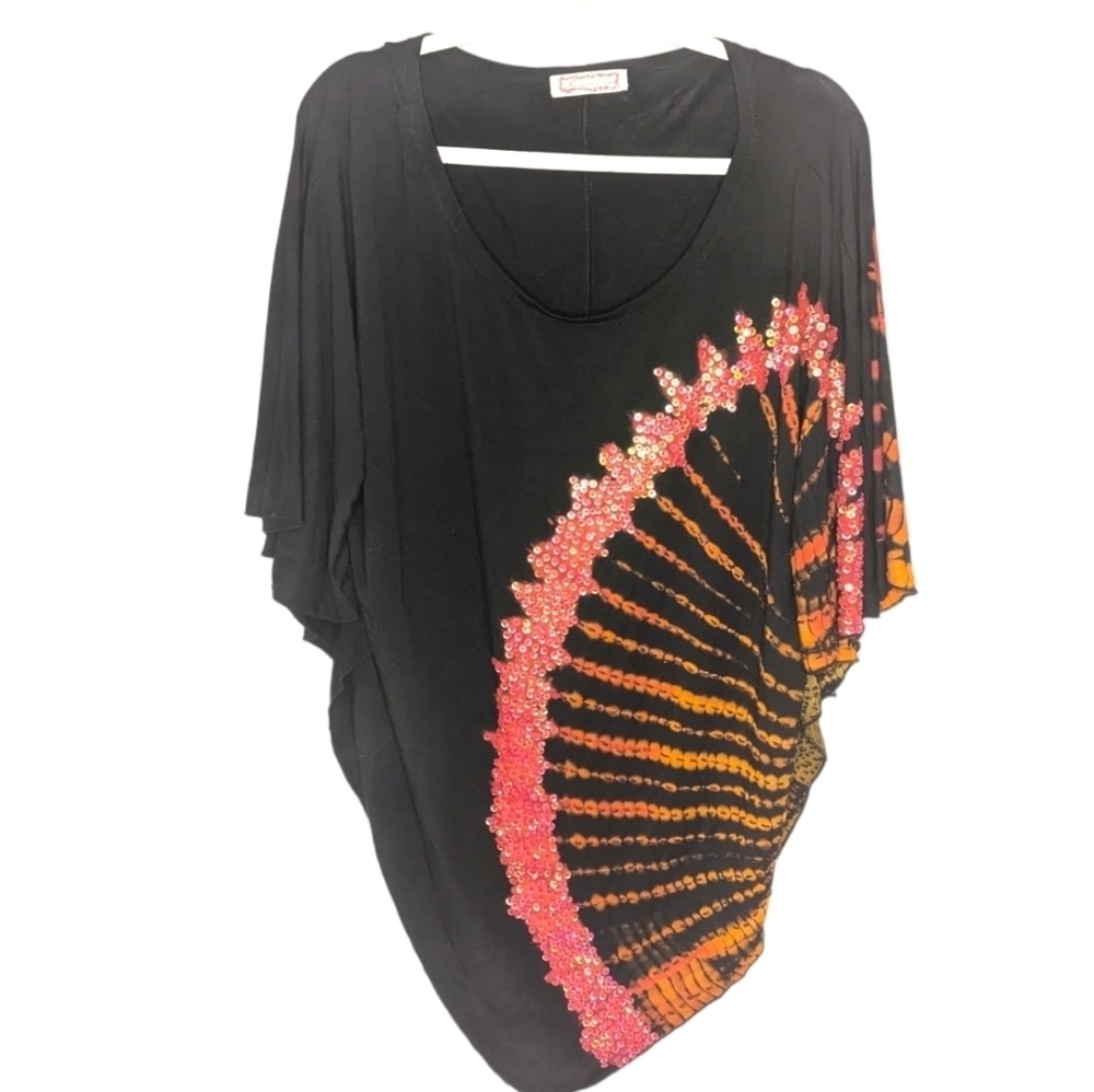 Vintage Black and Orange Tie Dye Style Beaded Sequins Tunic one size